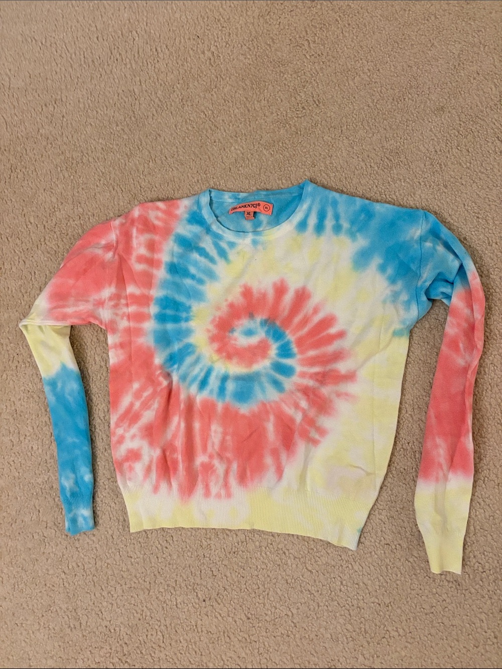 Blank NYC Coral, Blue & Yellow Tie-Dye Spiral Crewneck Sweater
